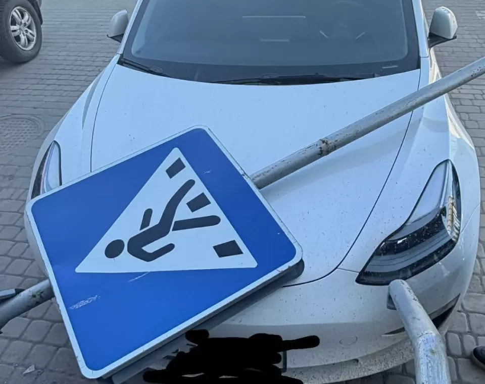 У Чорткові впав дорожній знак і побив "Теслу"